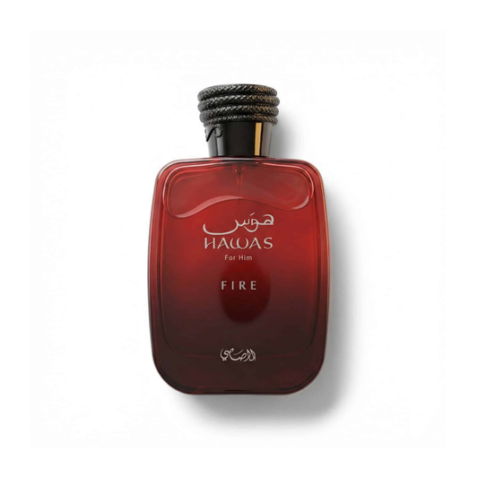 Bottle of Rasasi Hawas Fire EDP fragrance on a white background with soft shadow