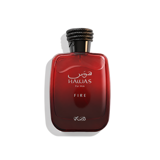 Bottle of Rasasi Hawas Fire EDP fragrance on a white background with soft shadow