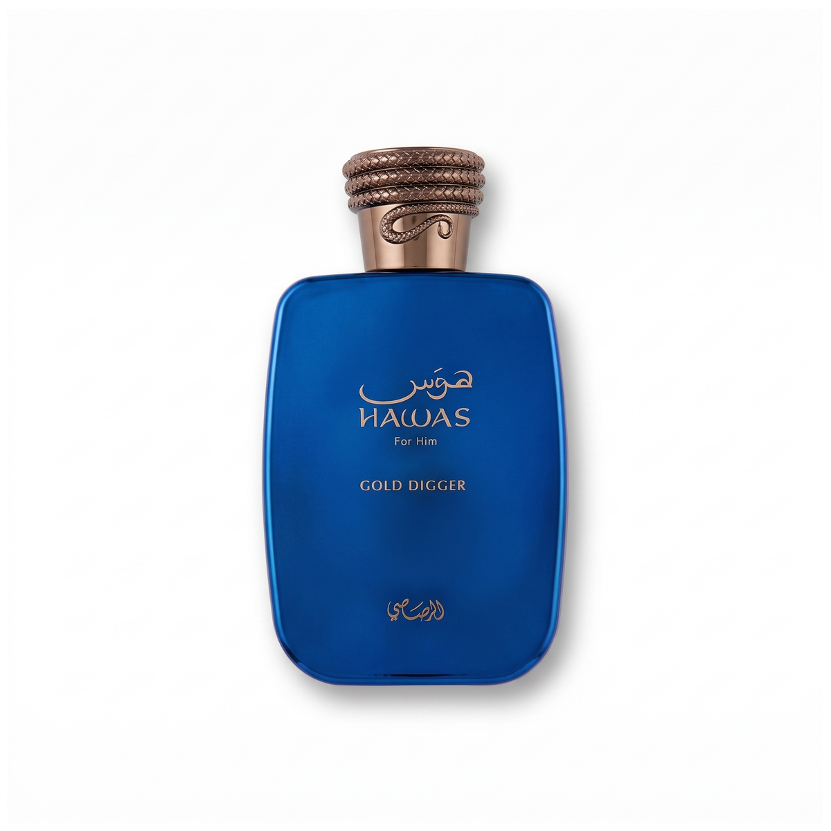 Bottle of Rasasi Hawas Gold Digger EDP fragrance on a white background with soft shadow