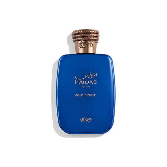 Bottle of Rasasi Hawas Gold Digger EDP fragrance on a white background with soft shadow