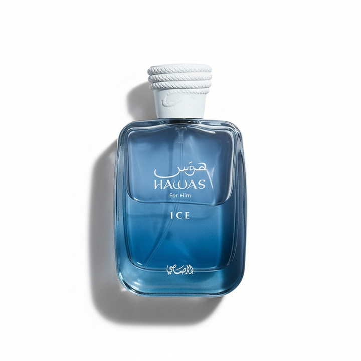 Bottle of Rasasi Hawas Ice EDP fragrance on a white background with soft shadow