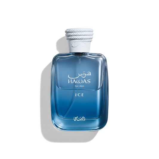 Bottle of Rasasi Hawas Ice EDP fragrance on a white background with soft shadow