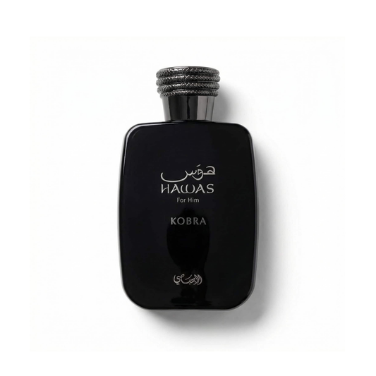 Bottle of Rasasi Hawas Kobra EDP fragrance on a white background with soft shadow