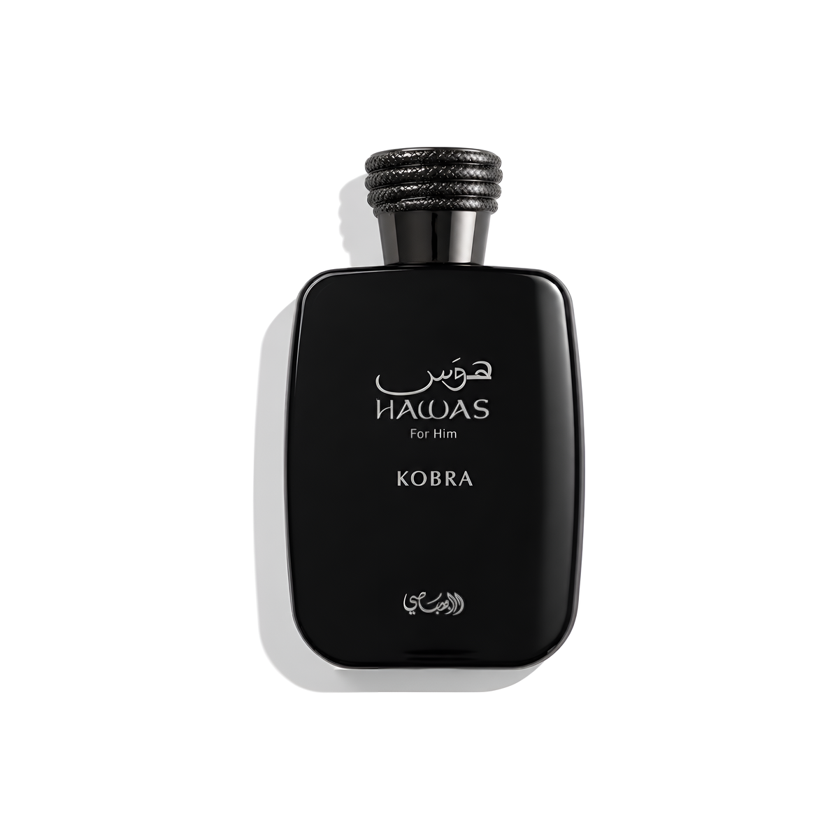 Bottle of Rasasi Hawas Kobra EDP fragrance on a white background with soft shadow