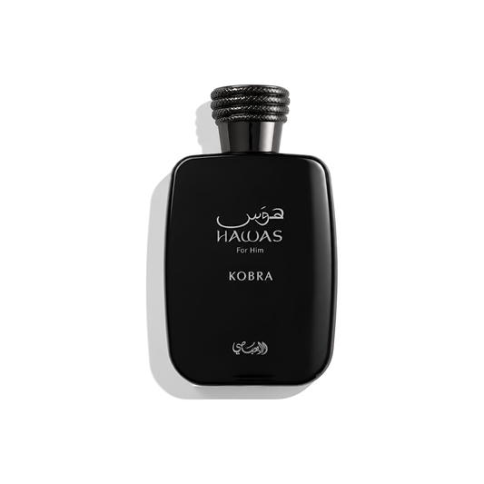 Bottle of Rasasi Hawas Kobra EDP fragrance on a white background with soft shadow