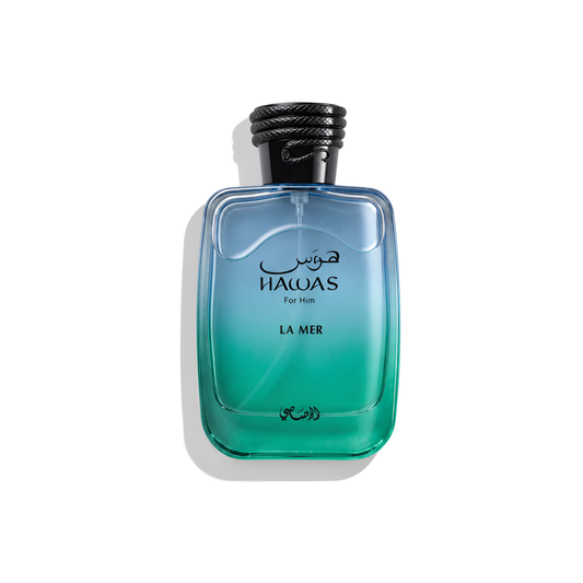 Bottle of Rasasi Hawas La Mer EDP fragrance on a white background with soft shadow