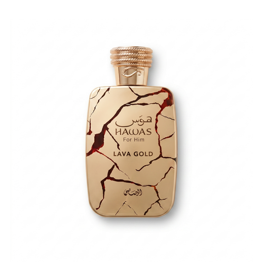 Bottle of Rasasi Hawas Lava Gold EDP fragrance on a white background with soft shadow