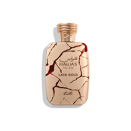 Bottle of Rasasi Hawas Lava Gold EDP fragrance on a white background with soft shadow