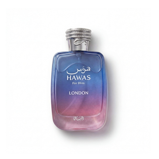 Bottle of Rasasi Hawas London EDP fragrance on a white background with soft shadow