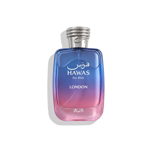Bottle of Rasasi Hawas London EDP fragrance on a white background with soft shadow