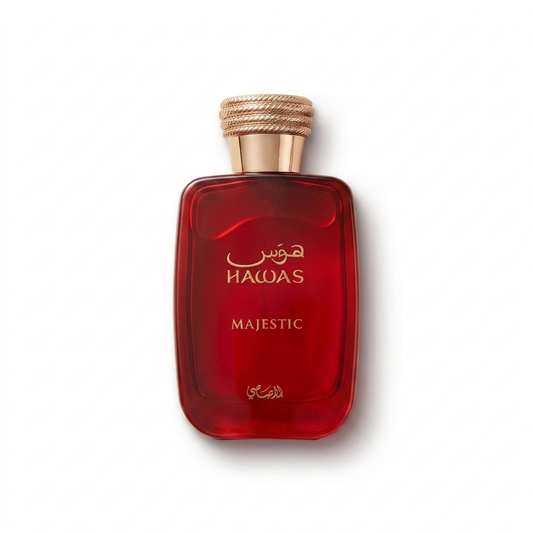 Bottle of Rasasi Hawas Majestic EDP fragrance on a white background with soft shadow