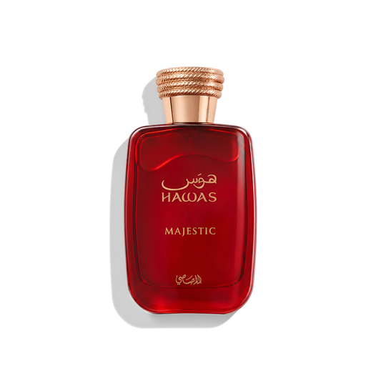 Bottle of Rasasi Hawas Majestic EDP fragrance on a white background with soft shadow