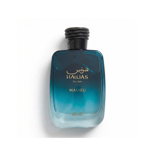 Bottle of Rasasi Hawas Malibu EDP fragrance on a white background with soft shadow