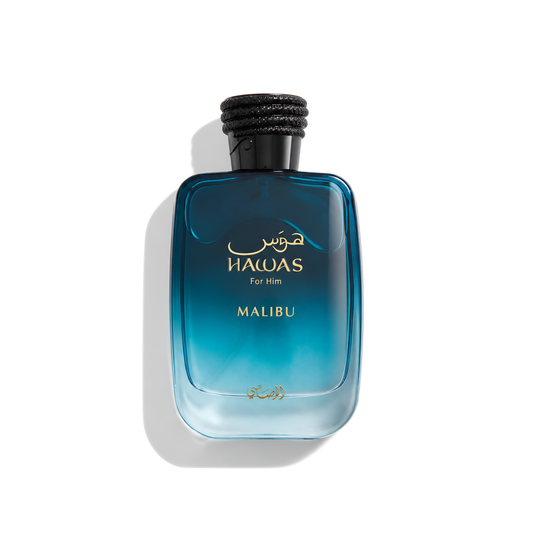 Bottle of Rasasi Hawas Malibu EDP fragrance on a white background with soft shadow