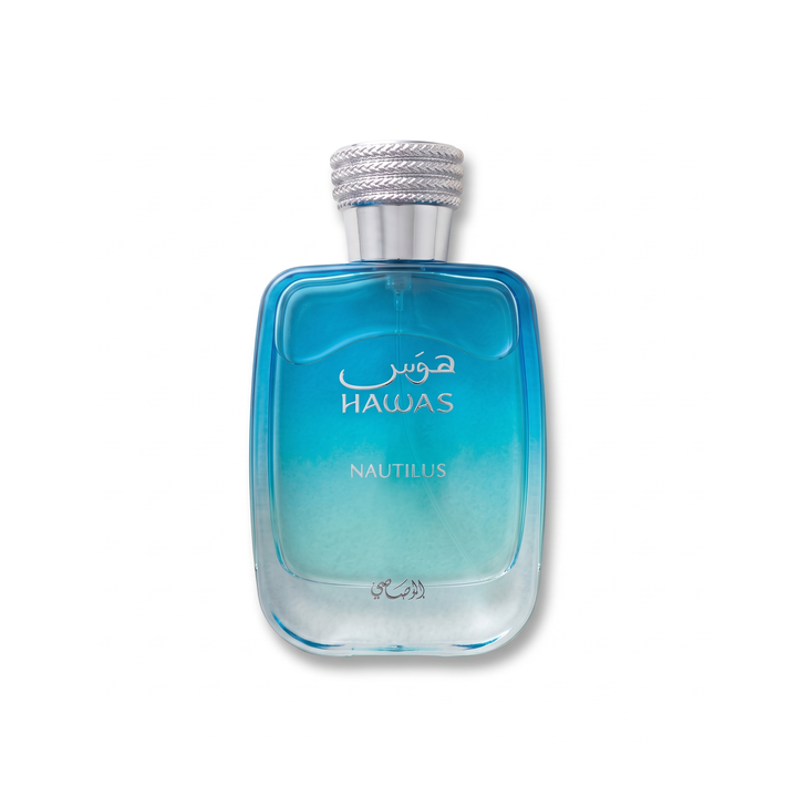 Bottle of Rasasi Hawas Nautilus EDP fragrance on a white background with soft shadow