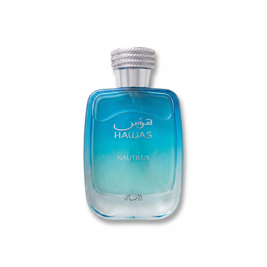 Bottle of Rasasi Hawas Nautilus EDP fragrance on a white background with soft shadow