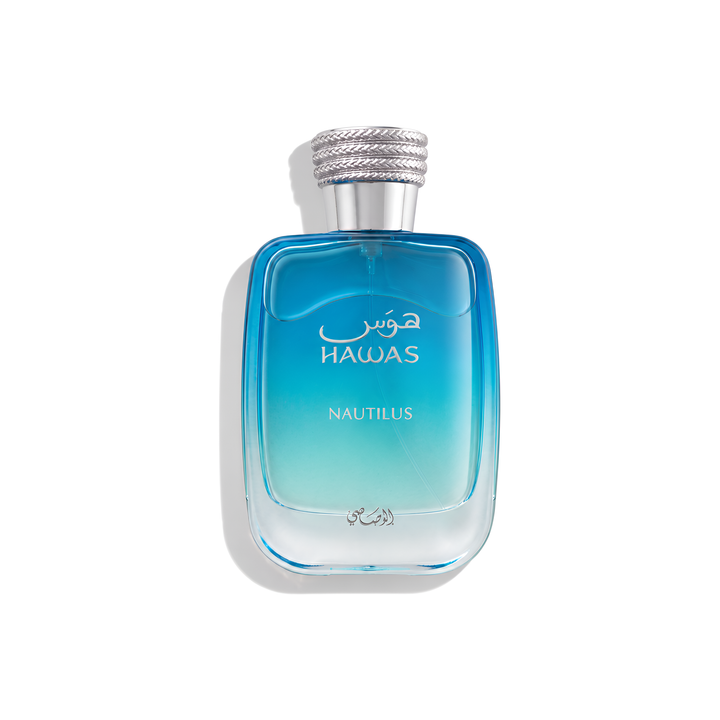 Bottle of Rasasi Hawas Nautilus EDP fragrance on a white background with soft shadow