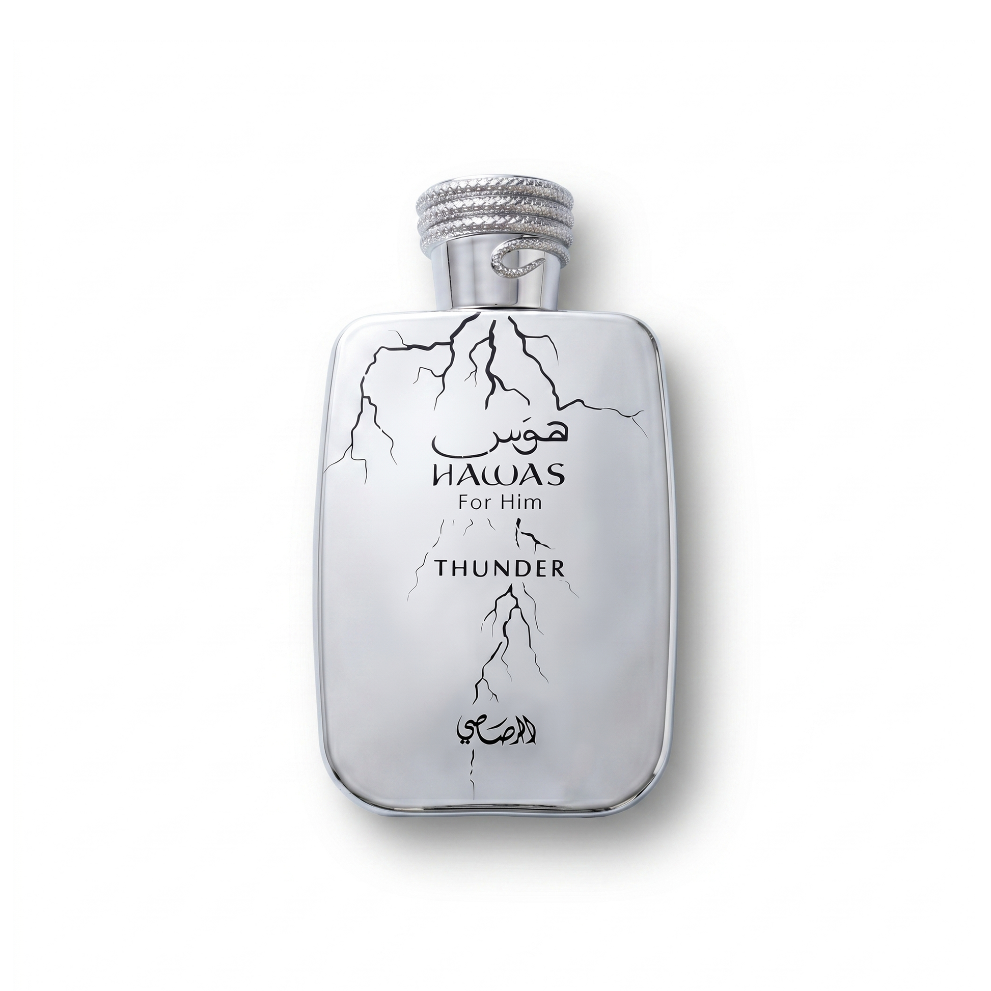 Bottle of Rasasi Hawas Thunder EDP fragrance on a white background with soft shadow