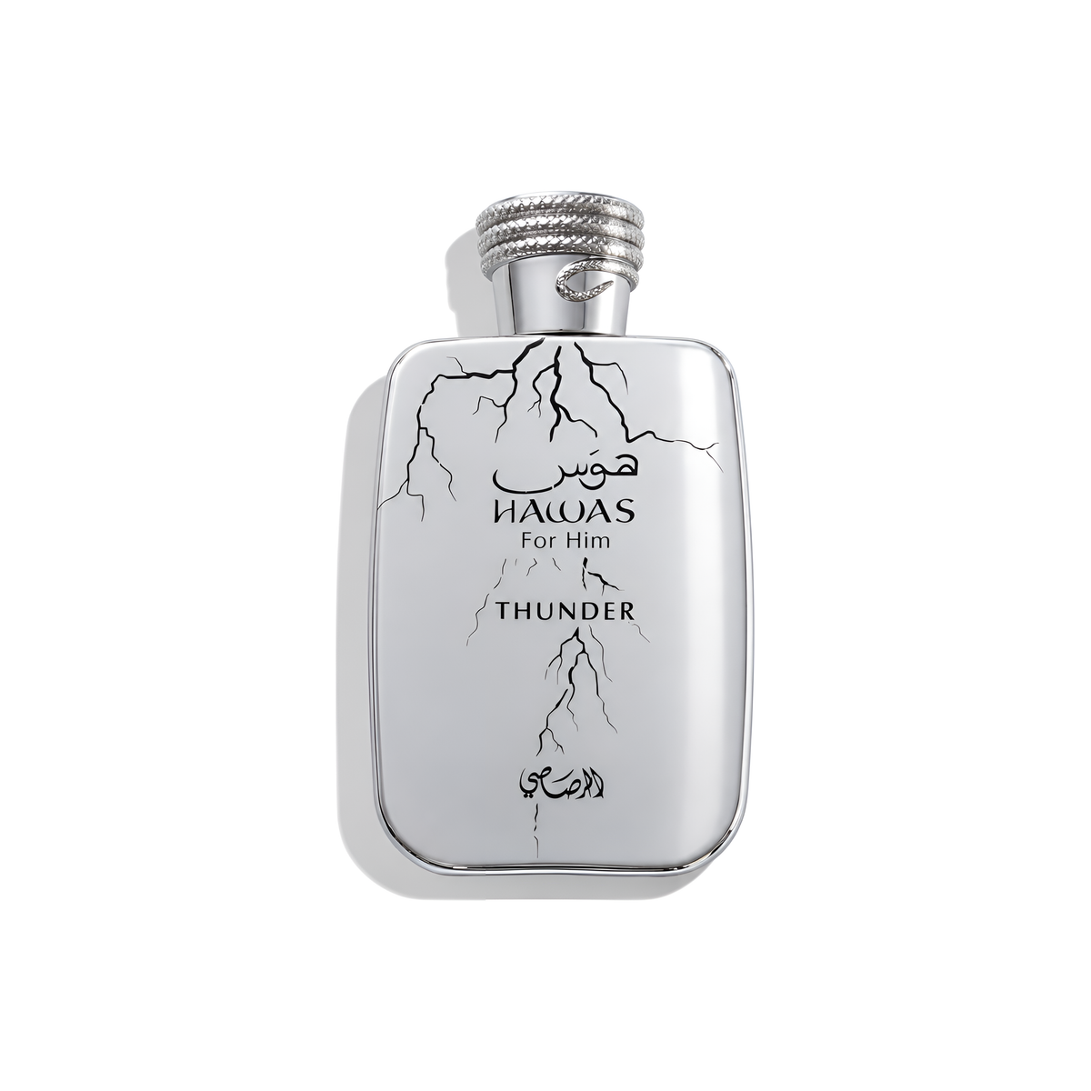 Bottle of Rasasi Hawas Thunder EDP fragrance on a white background with soft shadow