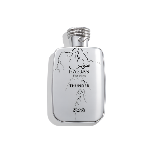 Bottle of Rasasi Hawas Thunder EDP fragrance on a white background with soft shadow