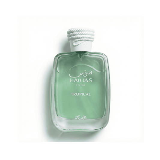 Bottle of Rasasi Hawas Tropical EDP fragrance on a white background with soft shadow