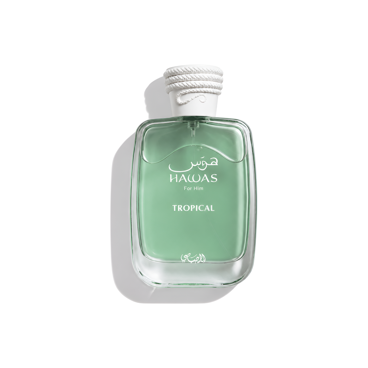 Bottle of Rasasi Hawas Tropical EDP fragrance on a white background with soft shadow