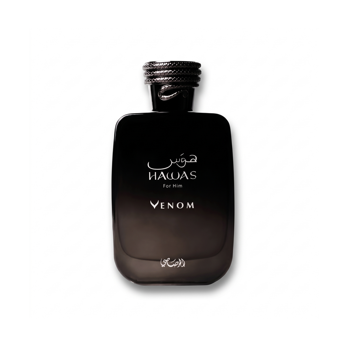 Bottle of Rasasi Hawas Venom EDP fragrance on a white background with soft shadow