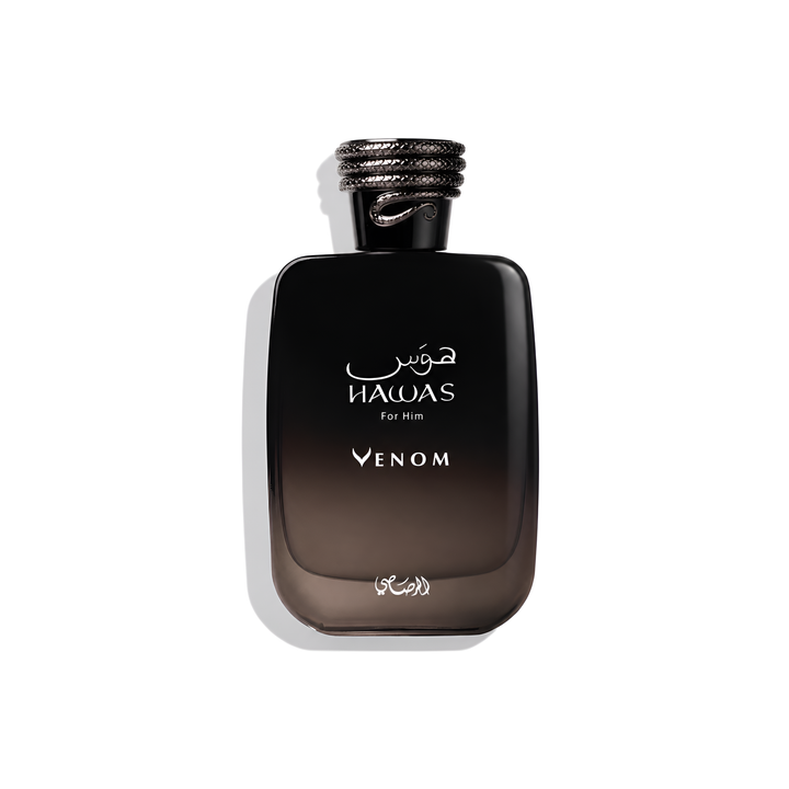 Bottle of Rasasi Hawas Venom EDP fragrance on a white background with soft shadow