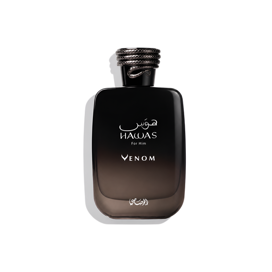 Bottle of Rasasi Hawas Venom EDP fragrance on a white background with soft shadow