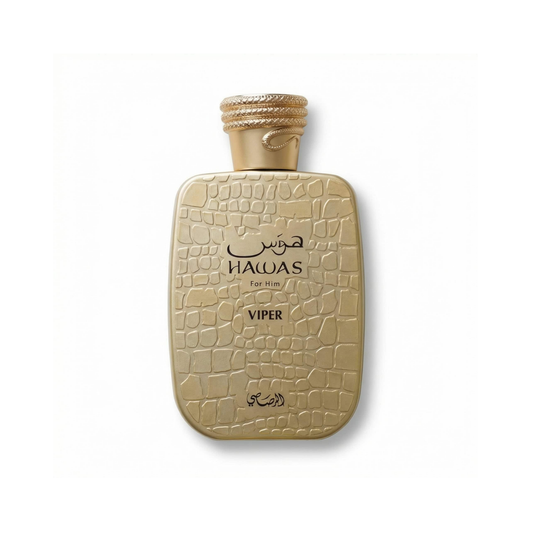 Bottle of Rasasi Hawas Viper EDP fragrance on a white background with soft shadow
