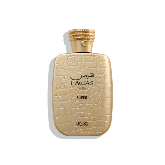 Bottle of Rasasi Hawas Viper EDP fragrance on a white background with soft shadow