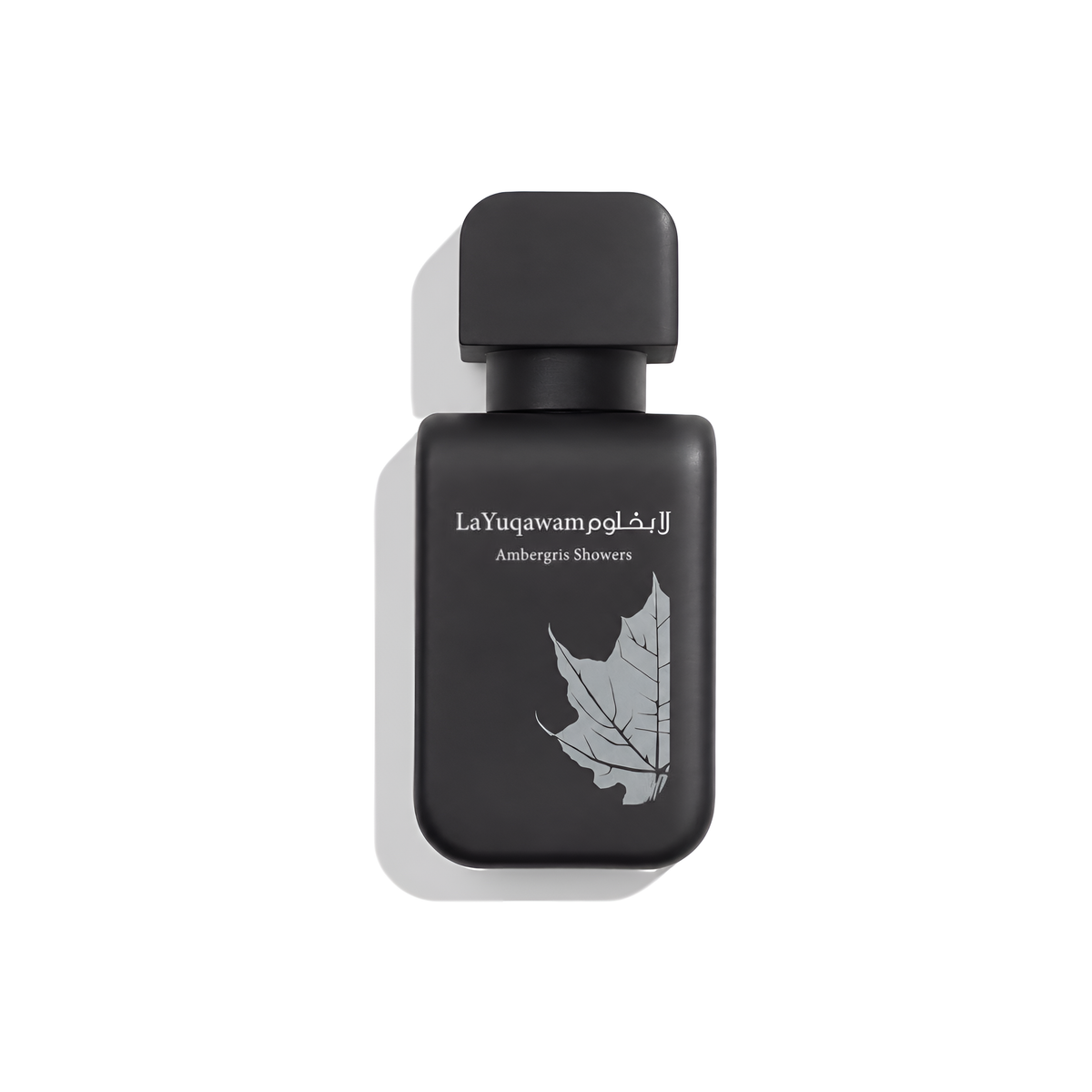 Bottle of Rasasi La Yuqawam Ambergris Showers EDP fragrance on a white background with soft shadow
