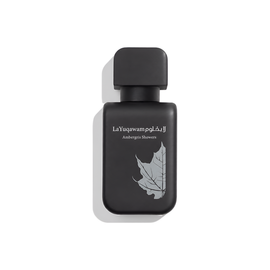 Bottle of Rasasi La Yuqawam Ambergris Showers EDP fragrance on a white background with soft shadow