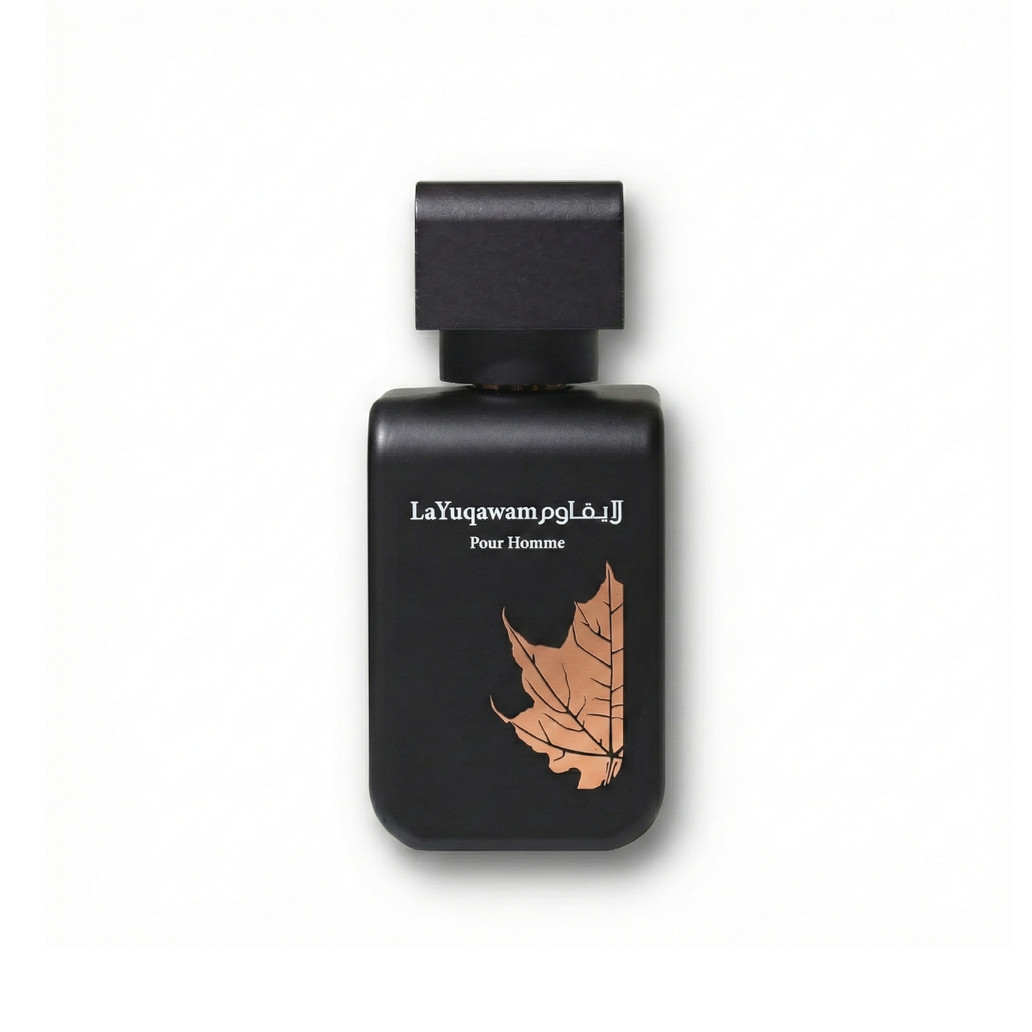 Bottle of Rasasi La Yuqawam EDP fragrance on a white background with soft shadow