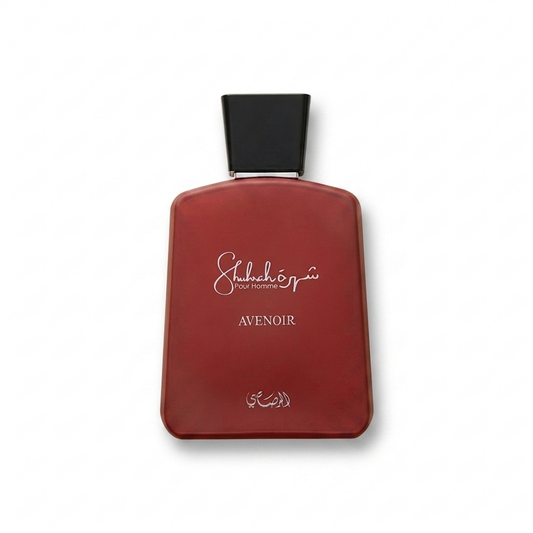 Bottle of Rasasi Shuhrah Avenoir EDP fragrance on a white background with soft shadow