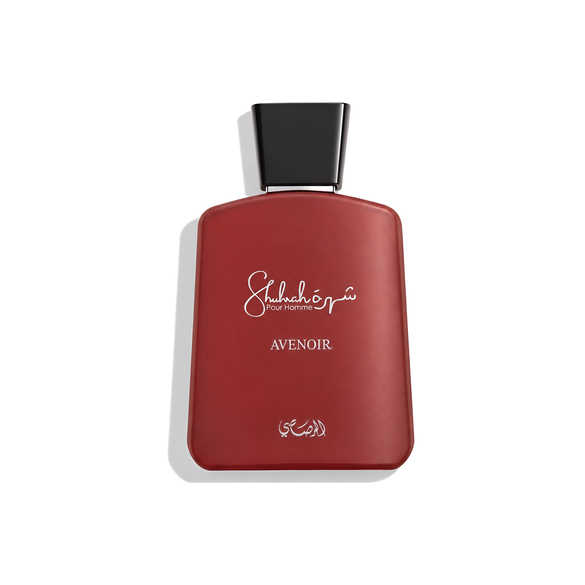 Bottle of Rasasi Shuhrah Avenoir EDP fragrance on a white background with soft shadow