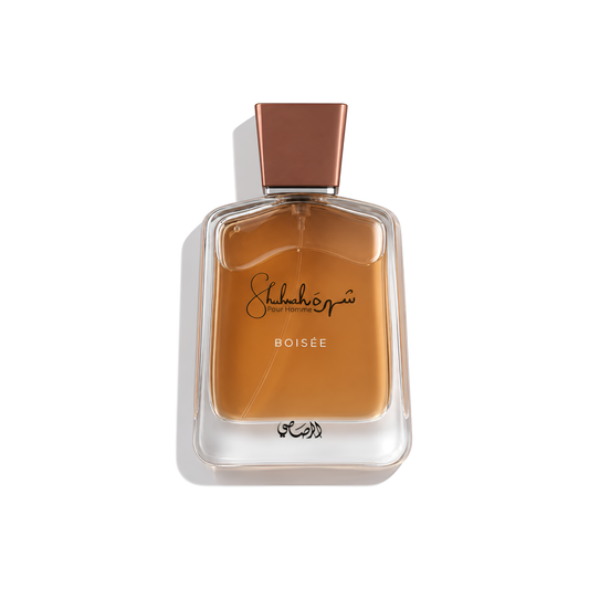 Bottle of Rasasi Shuhrah Boisee EDP fragrance on a white background with soft shadow