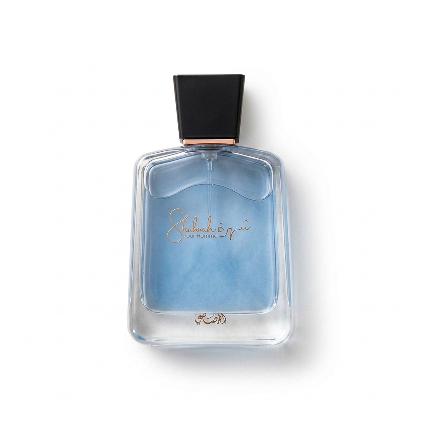 Bottle of Rasasi Shuhrah EDP fragrance on a white background with soft shadow