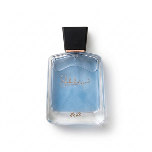 Bottle of Rasasi Shuhrah EDP fragrance on a white background with soft shadow