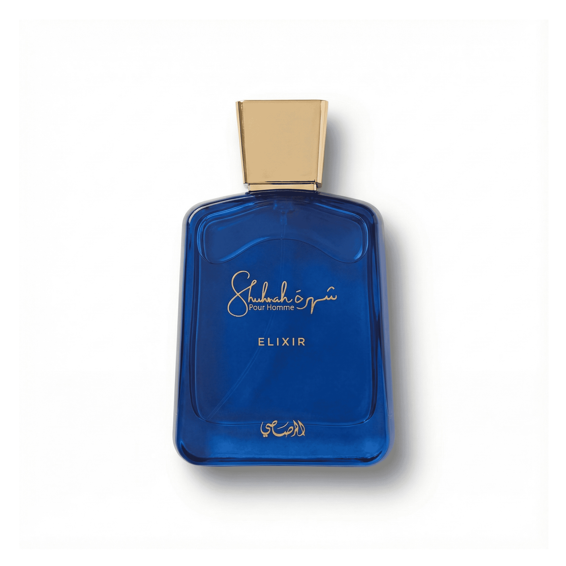 Bottle of Rasasi Shuhrah Elixir Elixir fragrance on a white background with soft shadow