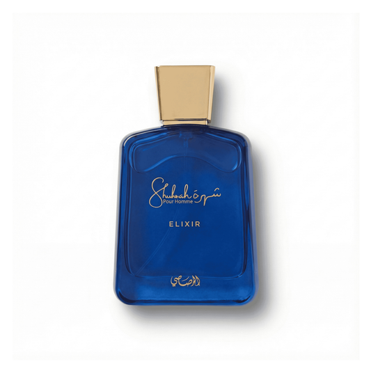 Bottle of Rasasi Shuhrah Elixir fragrance on a white background with soft shadow