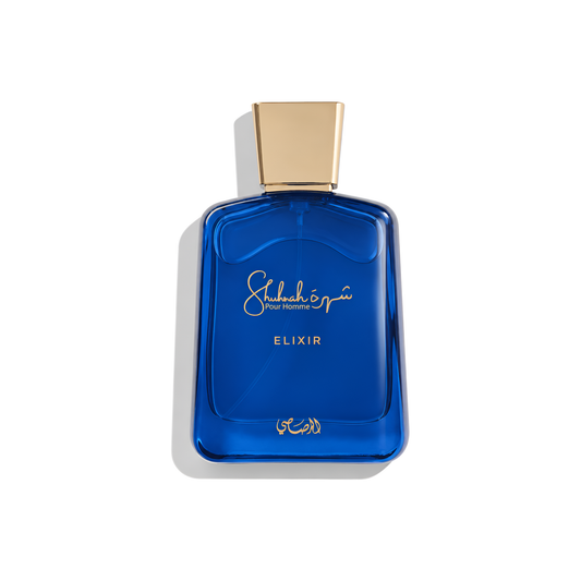 Bottle of Rasasi Shuhrah Elixir fragrance on a white background with soft shadow