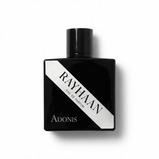 Bottle of Rayhaan Adonis EDP fragrance on a white background with soft shadow