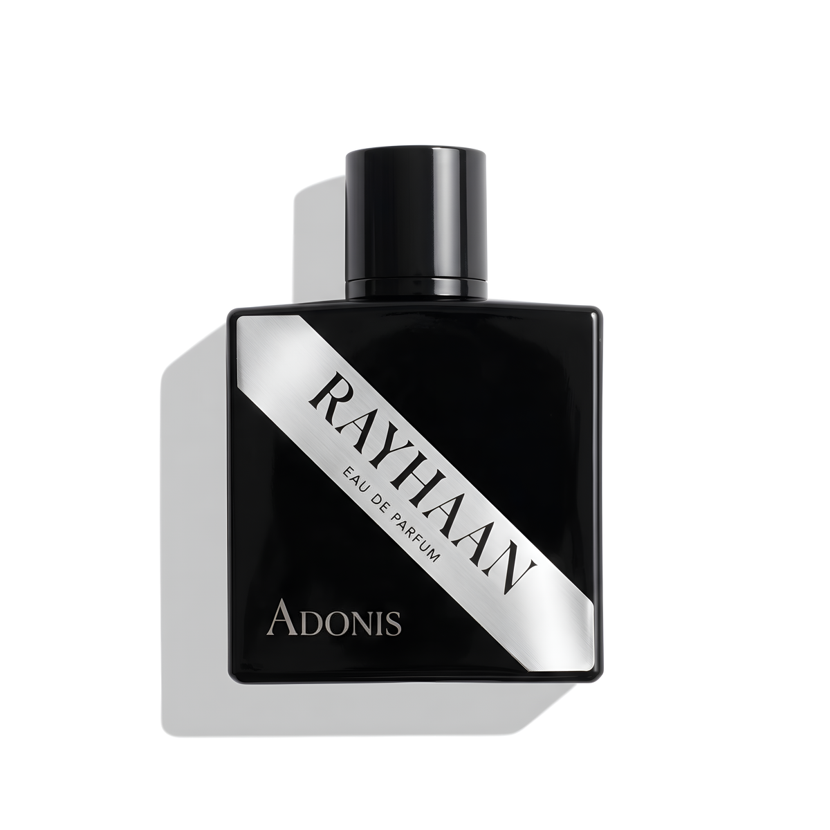Bottle of Rayhaan Adonis EDP fragrance on a white background with soft shadow