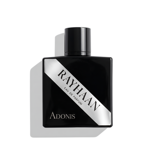 Bottle of Rayhaan Adonis EDP fragrance on a white background with soft shadow