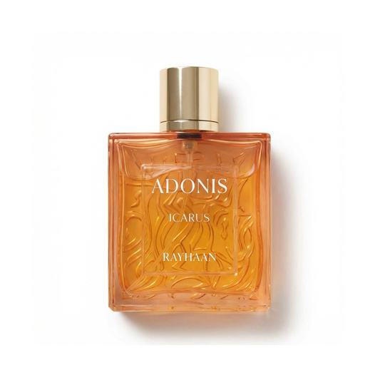 Bottle of Rayhaan Adonis Icarus EDP fragrance on a white background with soft shadow