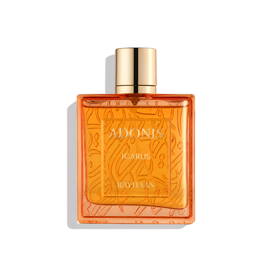 Bottle of Rayhaan Adonis Icarus EDP fragrance on a white background with soft shadow