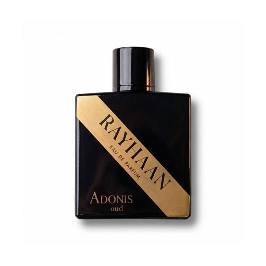 Bottle of Rayhaan Adonis Oud EDP fragrance on a white background with soft shadow
