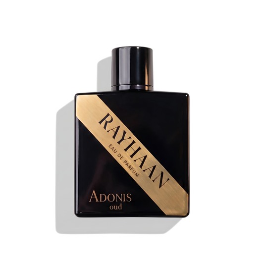 Bottle of Rayhaan Adonis Oud EDP fragrance on a white background with soft shadow