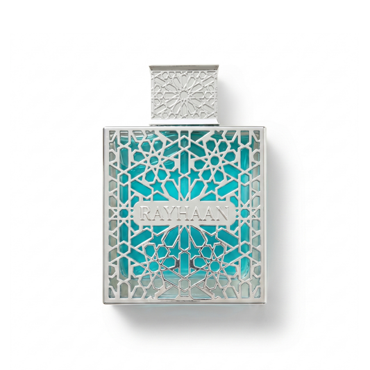 Bottle of Rayhaan Aquatica EDP fragrance on a white background with soft shadow